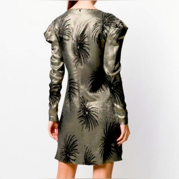 VICTORIA BECKHAM Pouf Sleeve Fireworks Gold Metallic Jacquard Shift Dress US 6 S - Picture 2 of 10